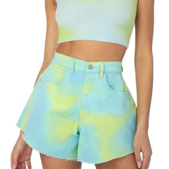 WeWoreWhat Pants - WEWOREWHAT | Women’s Cosmic Blue/Green Bell Flare Tie Dye Denim Shorts Size 24